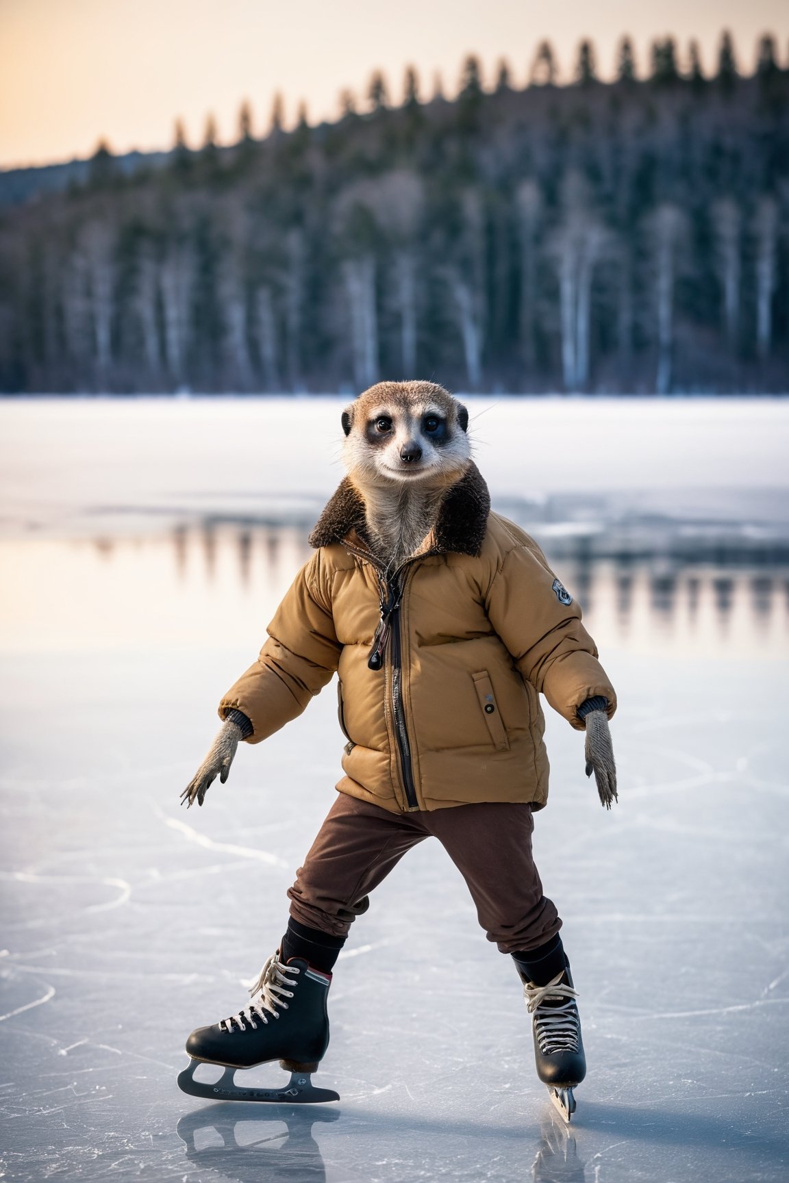 A anthropomorphic meerkat wearing a thick down jacket and (ice skates), skating on a frozen lake, Norwegian forests in the background, early morning, cold lighting, highly detailed, Fujifilm XT-4

