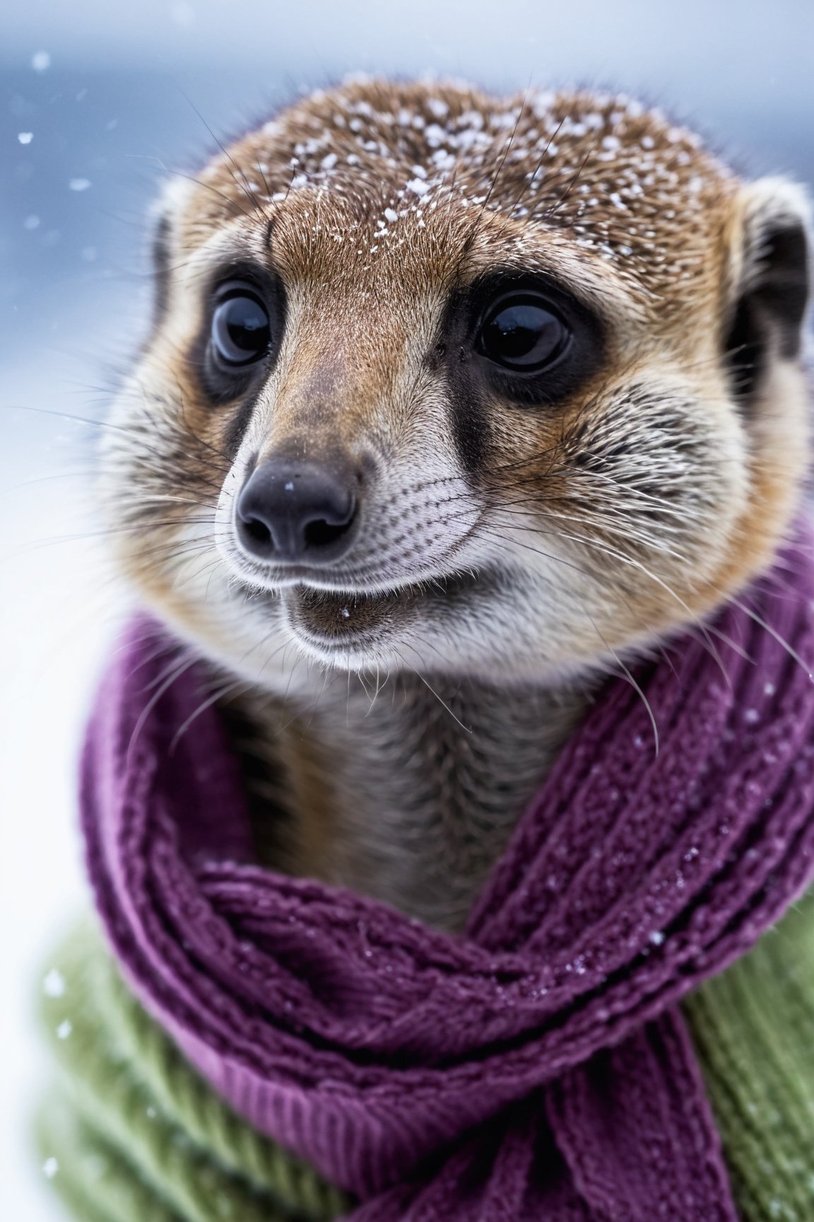 Extreme close-up, meerkat with a warm scarf and beanie, smiling, snow strom, snowfall, atmosheric lighting