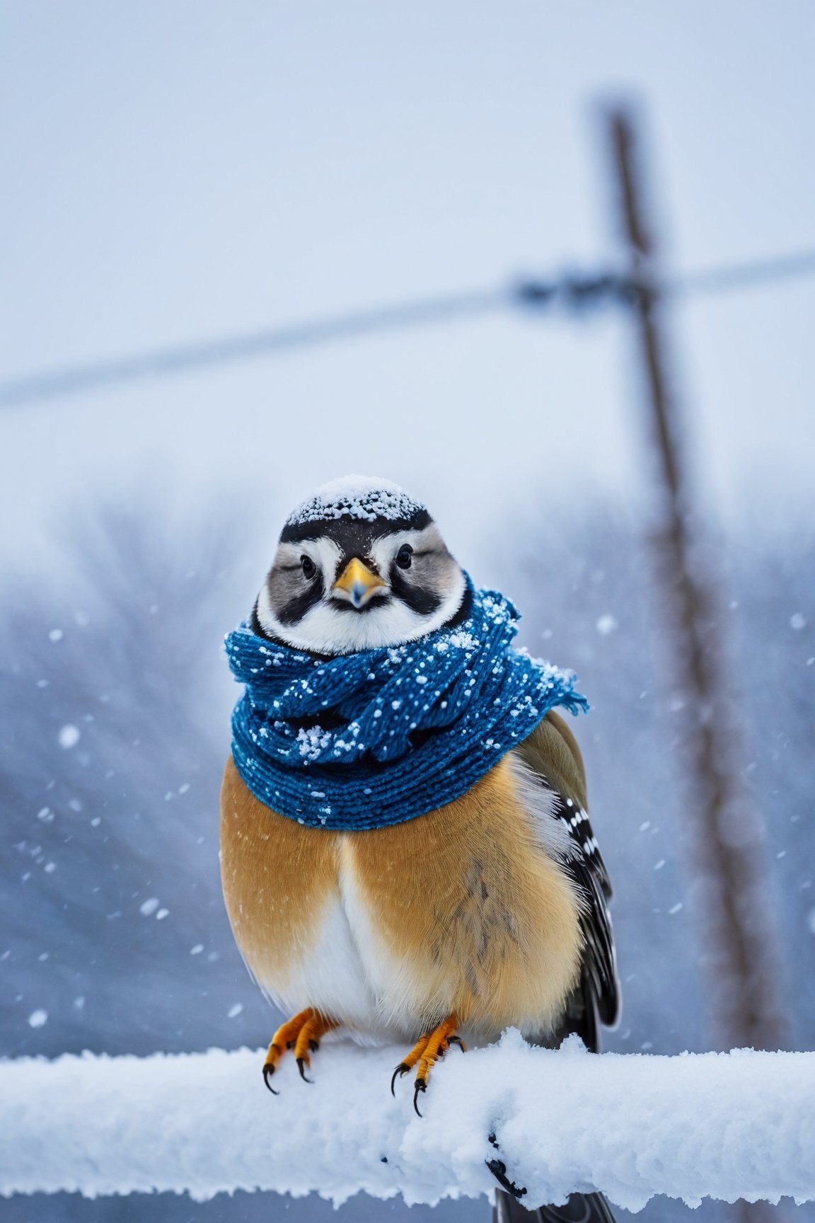 bird with a warm hat, scarf, freezing, snow, snowfall, sitting on a powerline,