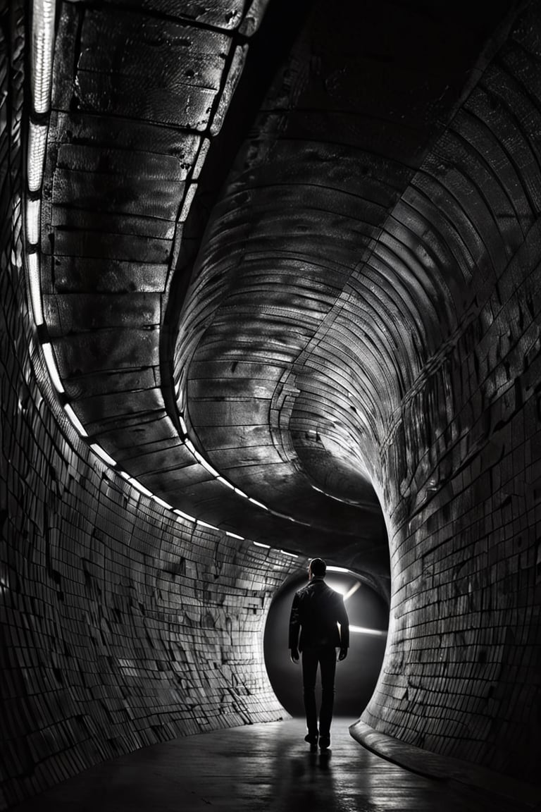 black and white image of a man in a dark tunnel, in the style of futuristic realism, figura serpentinata, sculpture-based photography, captivatingly atmospheric cityscapes, ue5, backlight, stimwave