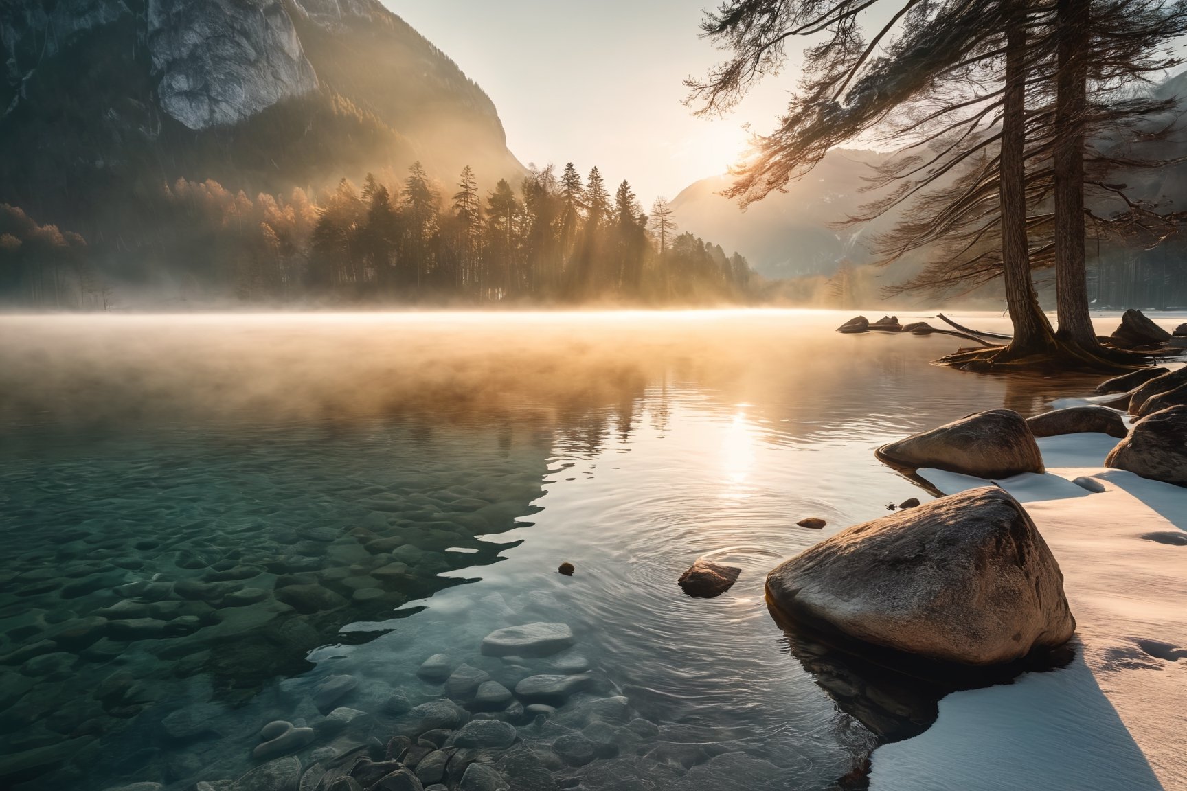 (masterpiece, best quality, highres, realistic), photo by Melissa Stemmer, Fantastic winter sunrise of Hintersee lake. Beautiful scene of trees on a rock island. Location: resort Ramsau, National park Berchtesgadener Land, Upper Bavaria, Germany Alps, Europe, breathtaking photograph, cinematic look, minimalistic, blurred background, warm atmosphere, daylight, professional color grading, simple look, unedited photography, natural, unassuming, simple style, award-winning, stunning, water drops, delicious, glistering light, golden hour, kodachrome, vintage look, vibrant colors, morning mist
