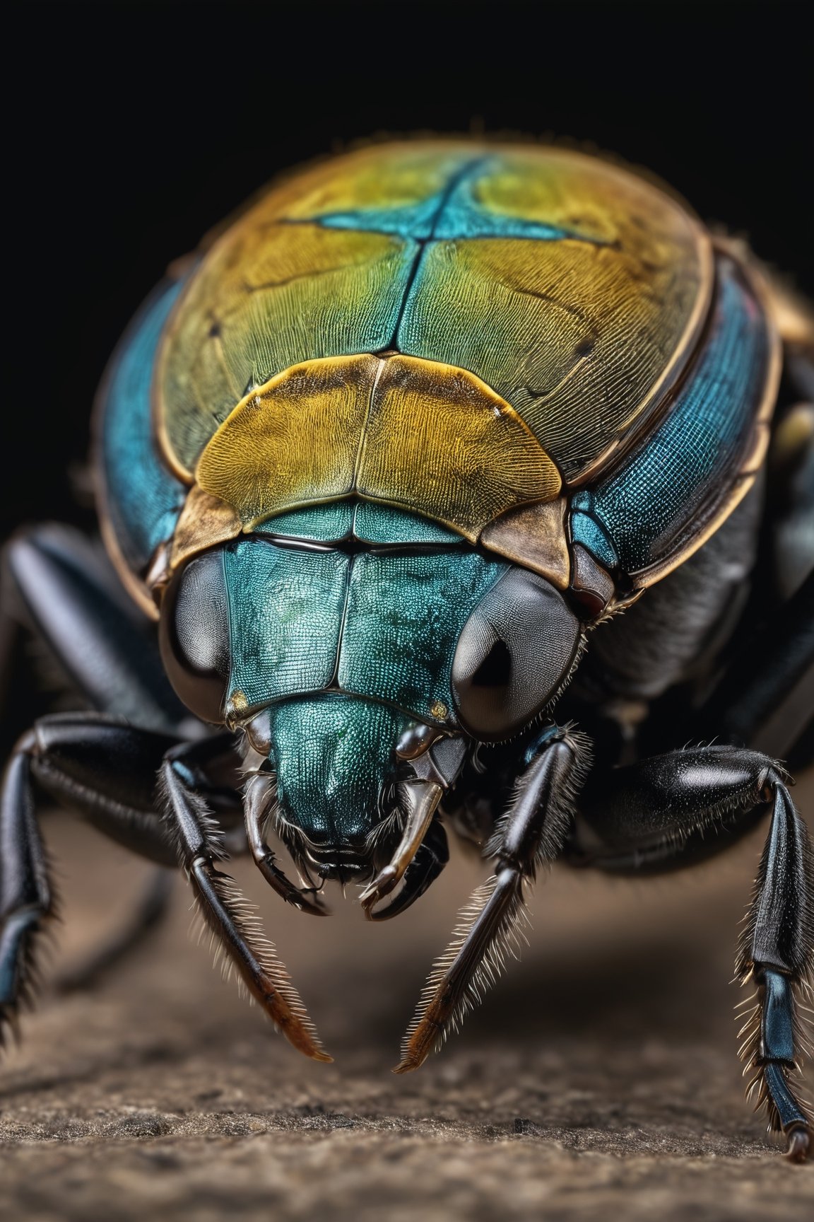 Marco photography of a scarabaeus head, everything sharp in focus, highly detailed