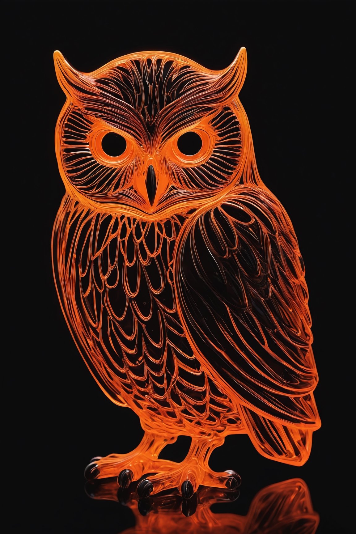Molten glass art of a mysterious owl, glowing in neon orange, creating bold nocturnal silhouettes, pure black background