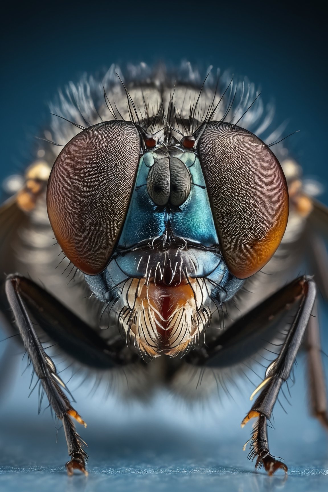 Marco photography of a housefly head, everything sharp in focus, highly detailed