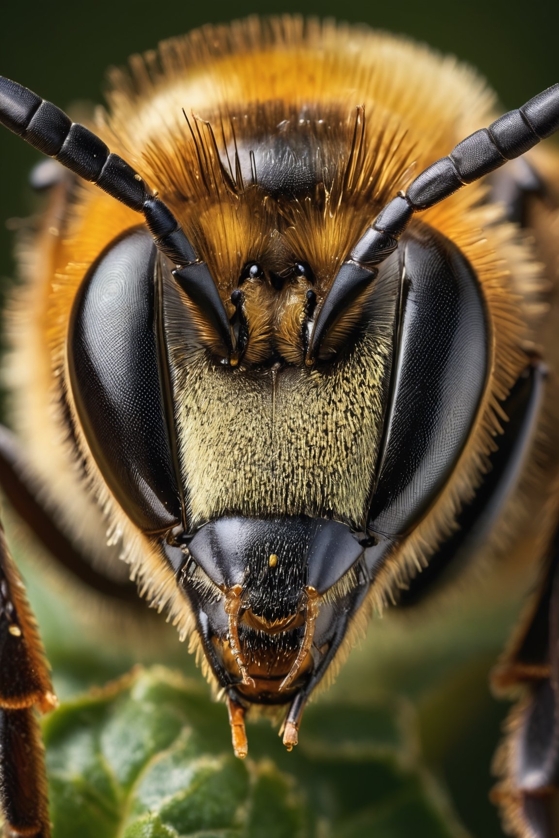 Marco photography of a bee head, everything sharp in focus, highly detailed