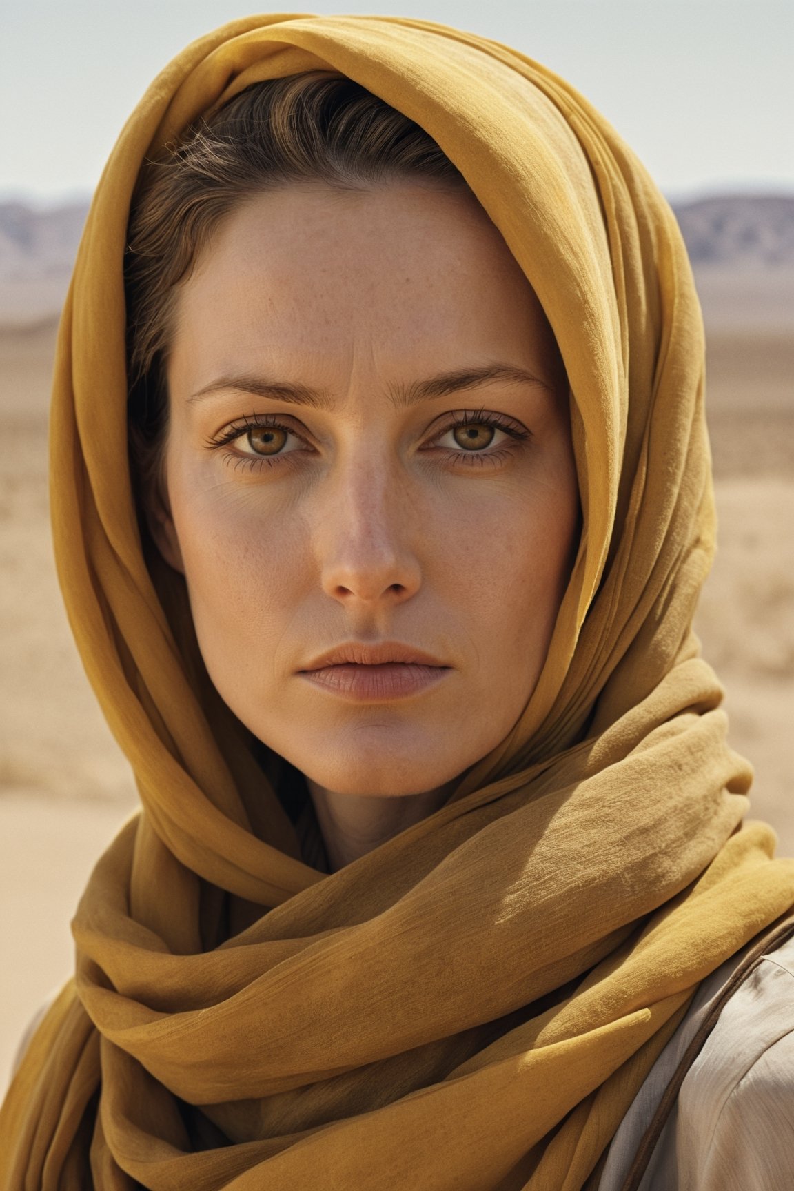 Close up photo, a woman wearing a yellow scarf, in the style of biblical drama, light brown and amber, desertwave, alan lee, cinematic sets, david plowden 