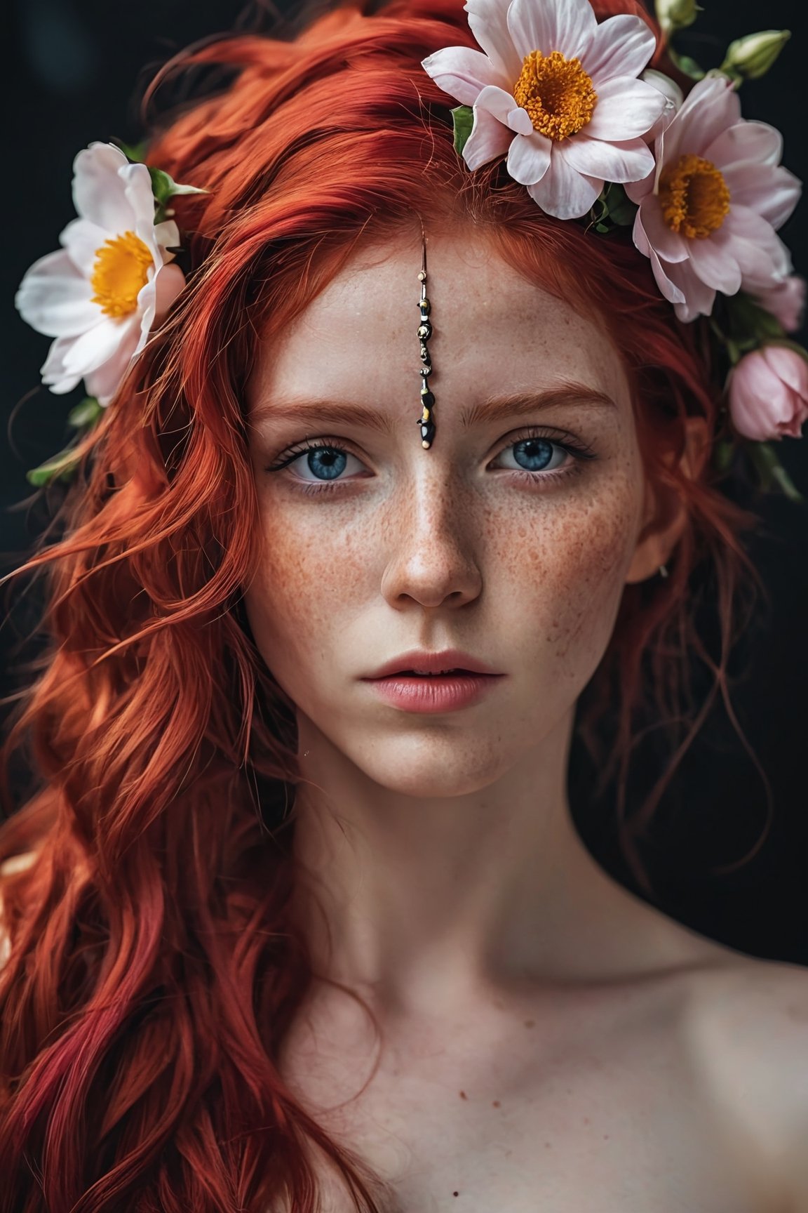 A photo of a (woman adorned with flowers:1.3), (vivid red hair:1.2), (piercing gaze:1.4), floral headpiece, (soft petals against skin:1.1), (natural beauty:1.2), (contrast of colors:1.3), intimate portrait, Canon EOS 5D Mark IV, 1/200s, f/2.8, ISO 100, (depth of field:1.1), (delicate bloom textures:1.2), (poetic composition:1.3).
,aw0k illuminate