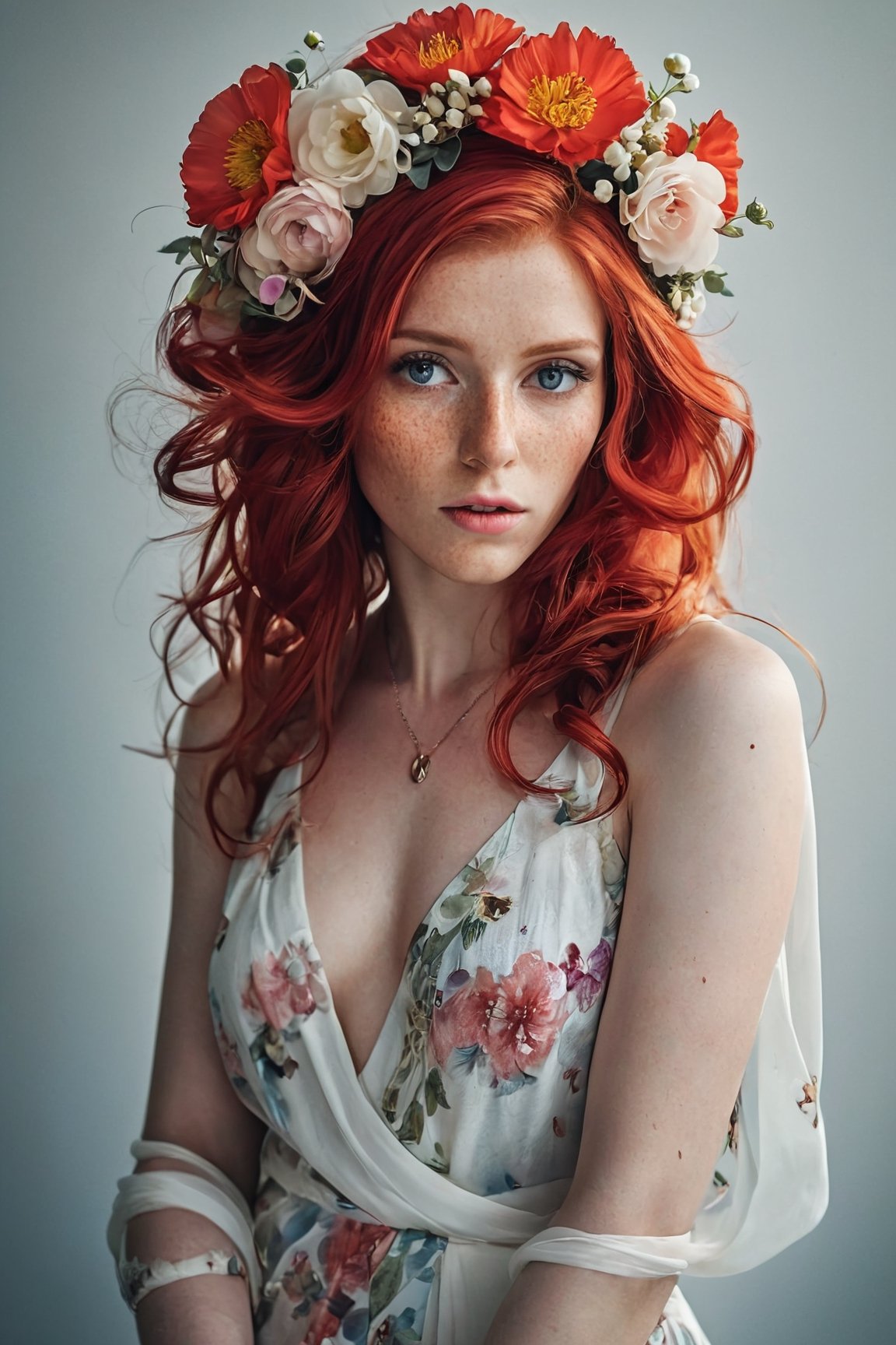 A photo of a (woman adorned with flowers:1.3), (vivid red hair:1.2), (piercing gaze:1.4), floral headpiece, (soft petals against skin:1.1), (natural beauty:1.2), (contrast of colors:1.3), intimate portrait, Canon EOS 5D Mark IV, 1/200s, f/2.8, ISO 100, (depth of field:1.1), (delicate bloom textures:1.2), (poetic composition:1.3).
,aw0k illuminate