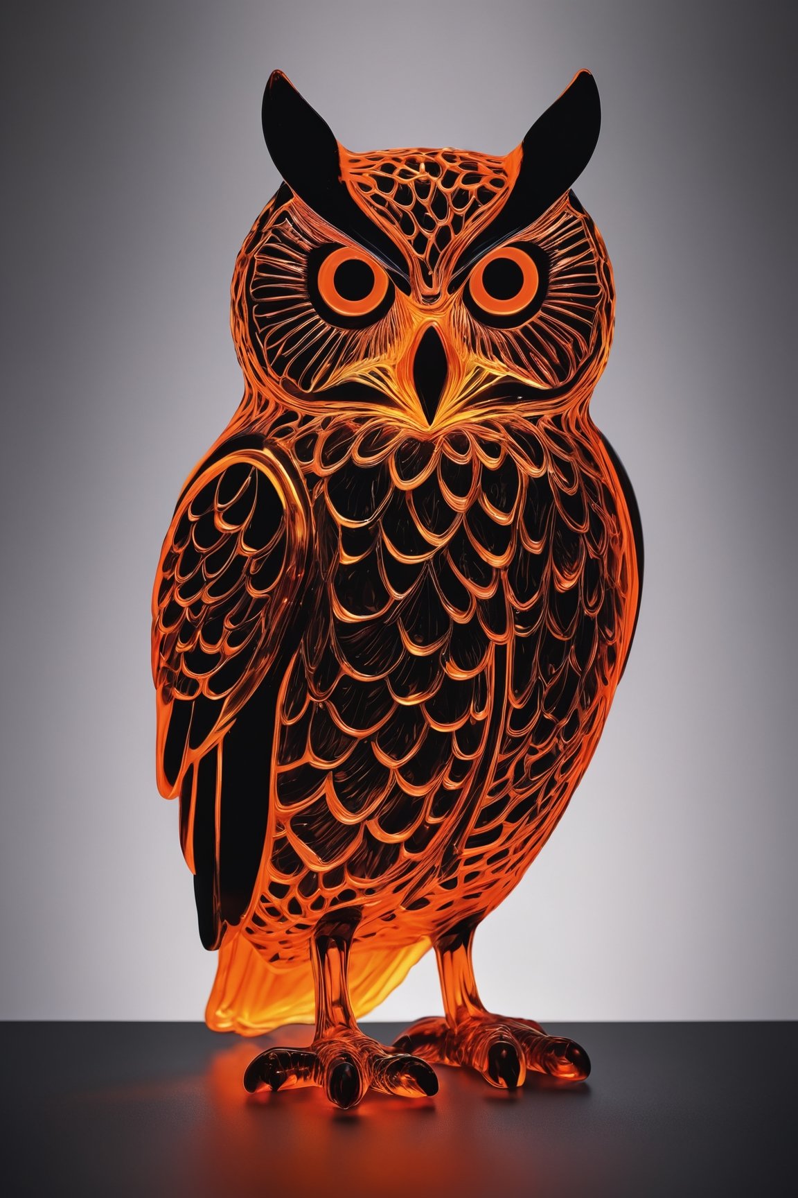 Molten glass art of a mysterious owl, glowing in neon orange, creating bold nocturnal silhouettes, pure black background