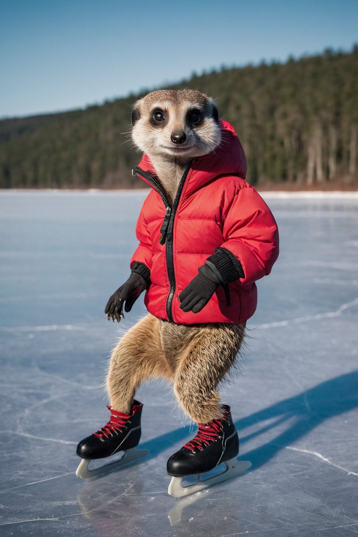 A anthropomorphic meerkat wearing a thick red down jacket and (ice skates), skating on a frozen lake, Norwegian forests in the background, early morning, cold lighting, highly detailed, Fujifilm XT-4

