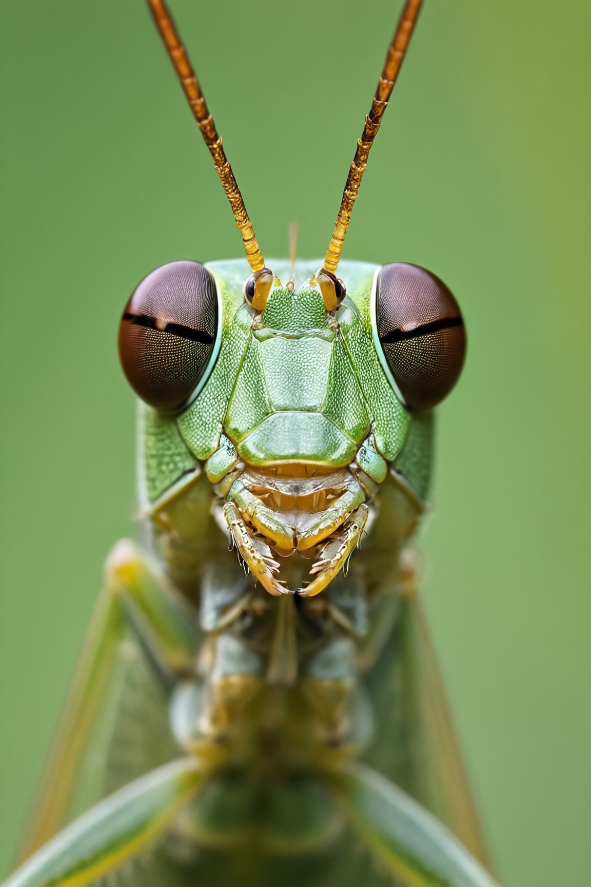 Marco photography of a grasshopper head,, everything sharp in focus, highly detailed