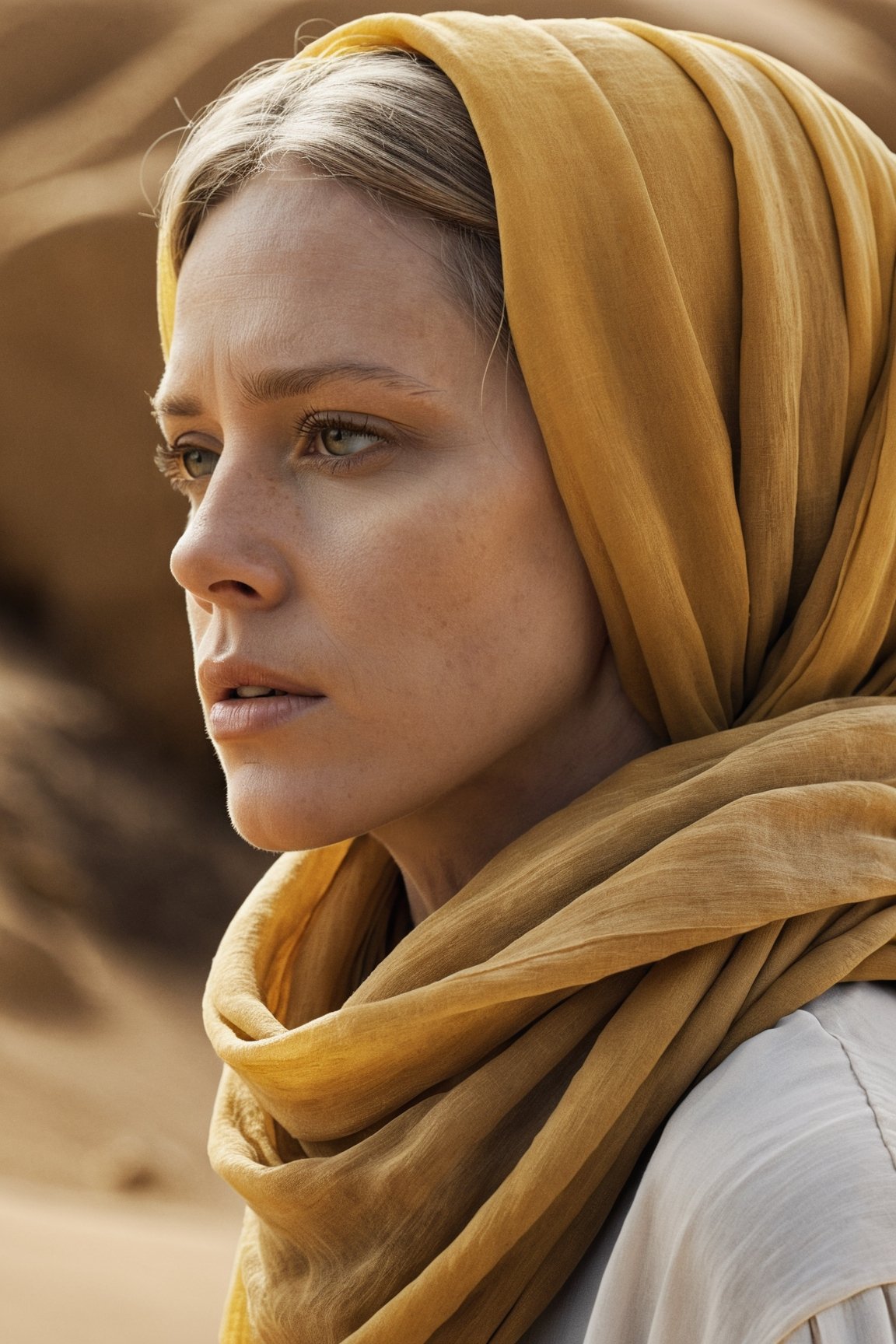 Raw photo, Side view, Extreme close-up,a woman wearing a yellow scarf, in the style of biblical drama, light brown and amber, desertwave, alan lee, cinematic sets, i can't believe how beautiful this is, david plowden , highly saturated