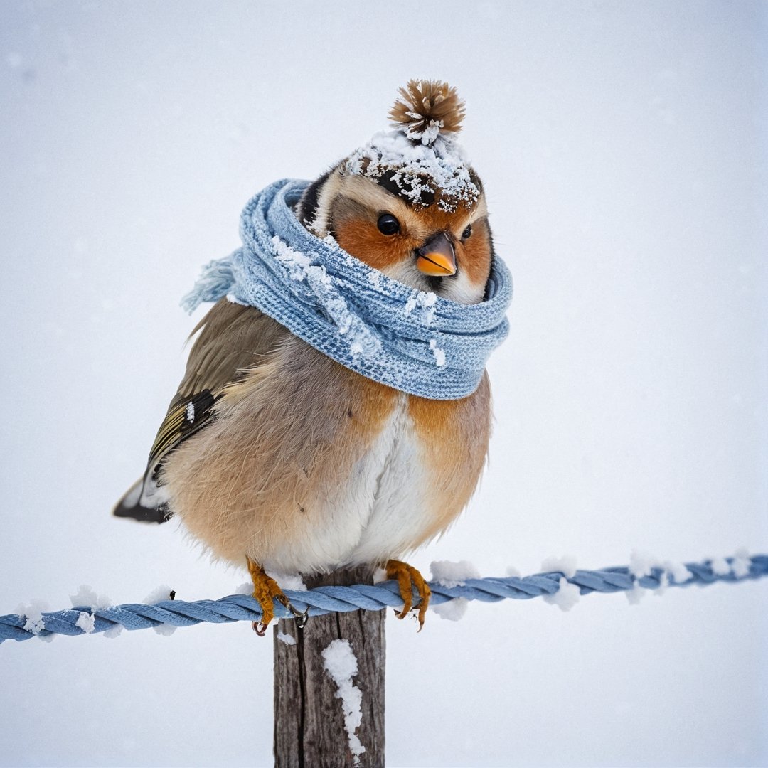 bird with a warm hat, scarf, freezing, snow, snowfall, sitting on a powerline,