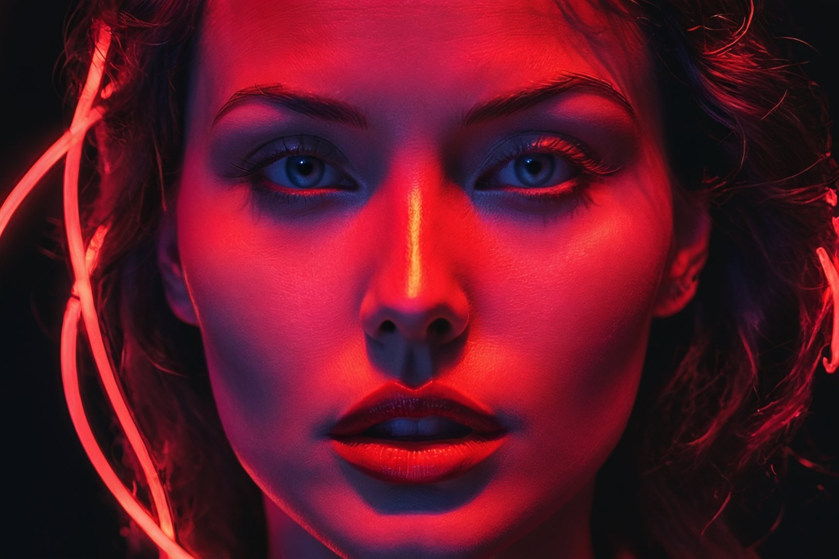 A woman's face in close-up, lit by intense red neon light outlining her fierce, enigmatic features with a focus on her eyes or lips