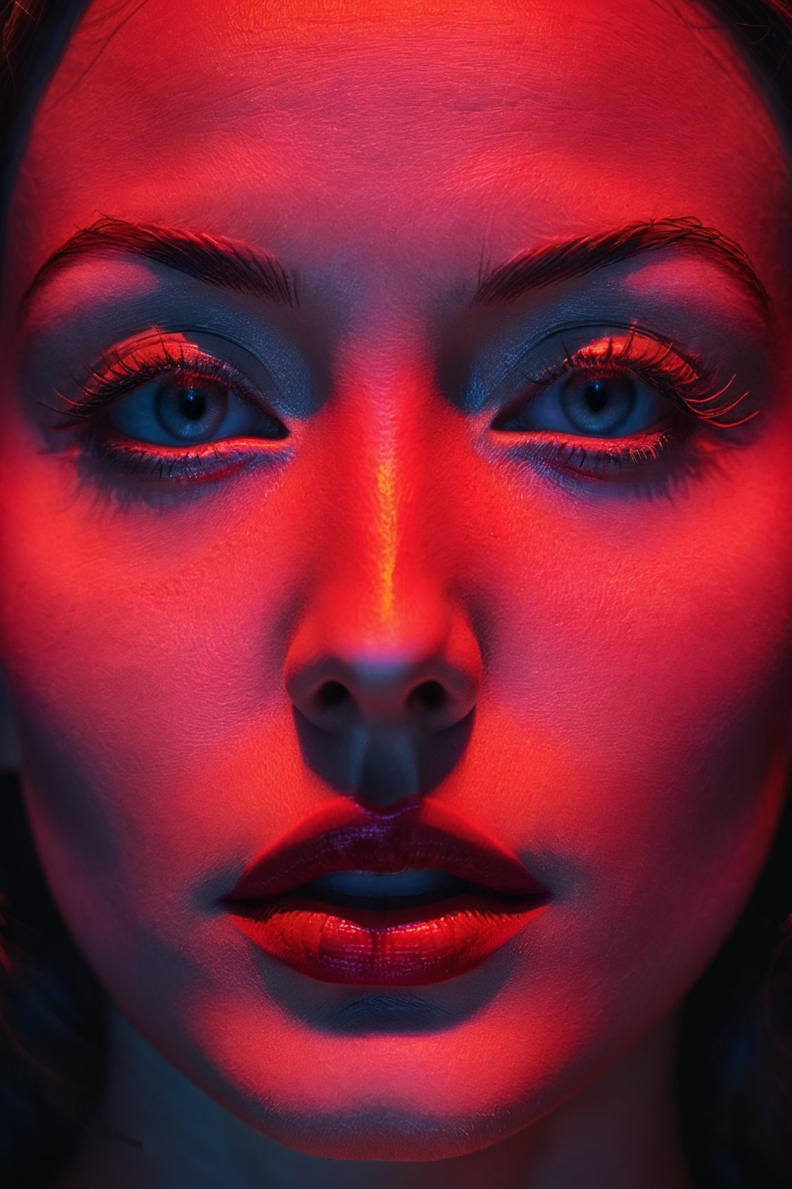 A woman's face in close-up, lit by intense red neon light outlining her fierce, enigmatic features with a focus on her eyes or lips