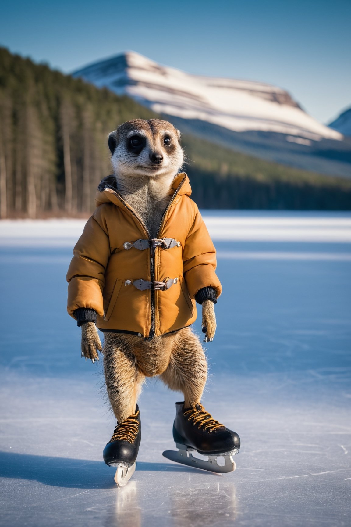 A anthropomorphic meerkat wearing a thick down jacket and (ice skates), skating on a frozen lake, Norwegian forests in the background, early morning, cold lighting, highly detailed, Fujifilm XT-4

