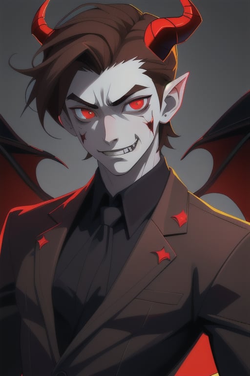 young man , slim body ,medium  brown hair, with red eyes, devil_horns , PSYCHOPATH