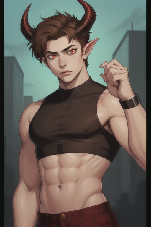 young man , slim body ,medium  brown hair, with red eyes, horns , PSYCHOPATH , crop top