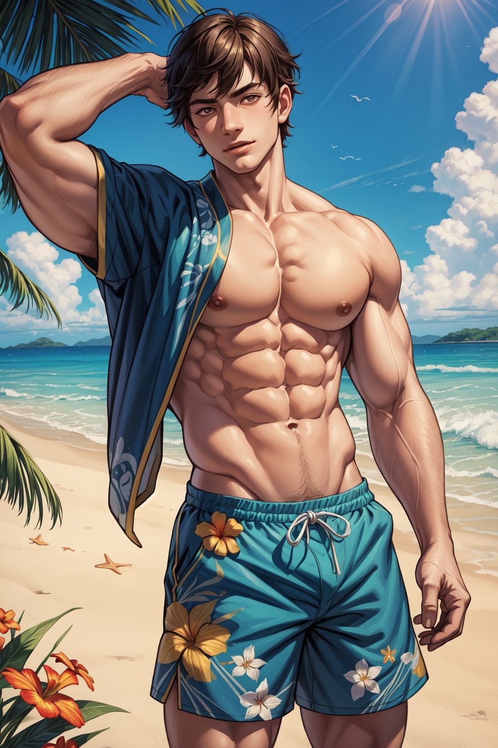 masterpiece,(bestquality:1.3),bestillustration,extremely detailed 8K wallpaper,genshin_impact, young man, muscular, clear abs, no top_wear, short hair,beach, tropical flowers