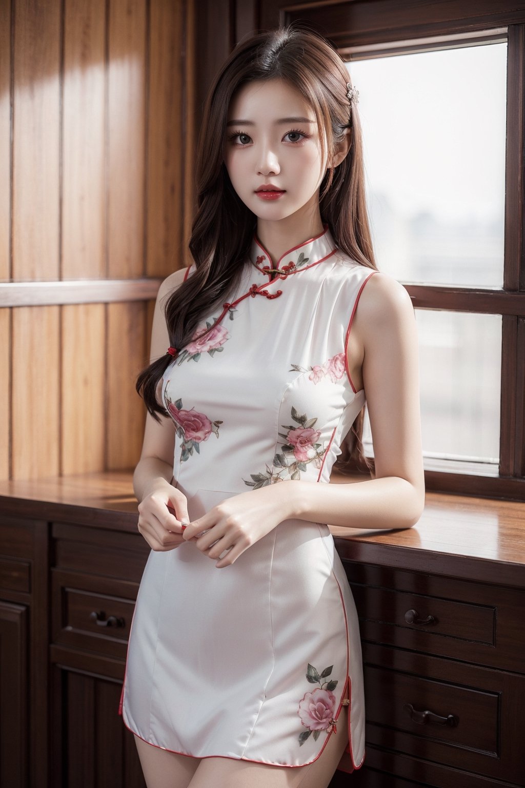 Ultra-realistic 8k, CG, Flawless, Cute expression, Intricate details, 18-year-old girl wearing chiffon cheongsam, Best quality, Realistic photos