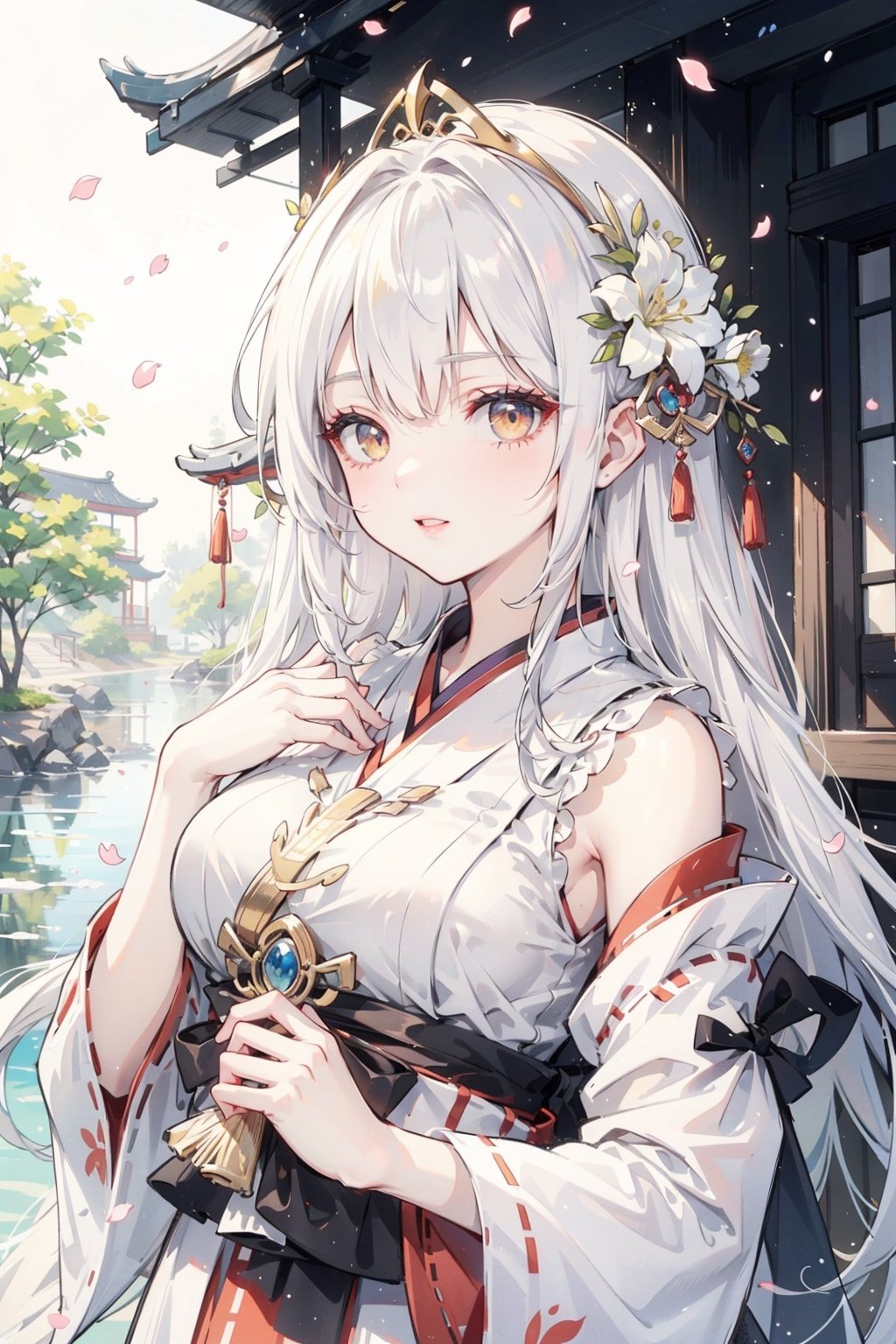  (masterpiece, best quality, ultra-detailed, highres), (((solo))),(sidelighting, lustrous skin), (bloom), (shine), lighting, strong rim light,white hair,(miko),((tangzhuang)),beautiful detailed eyes,beautiful detailed girl,an extremely delicate and beautiful,tiara,lipstick,beautiful and delicate water,nature,(shrine),shiratama kitsune,golden eyes,long hair, hand on own chest,
