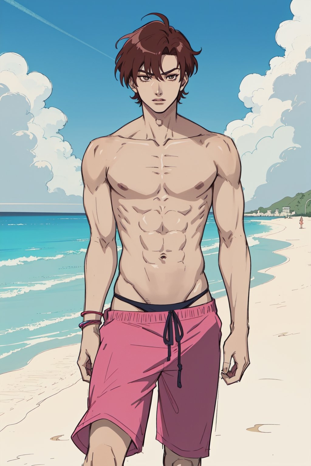   (solo), jungkook, anime, anime style, male, man, 1_boy, slim, slim body, young guy, thin body, small body, thin, sexy_pose, character sketch, beachwear, beach, playing, big_muscle