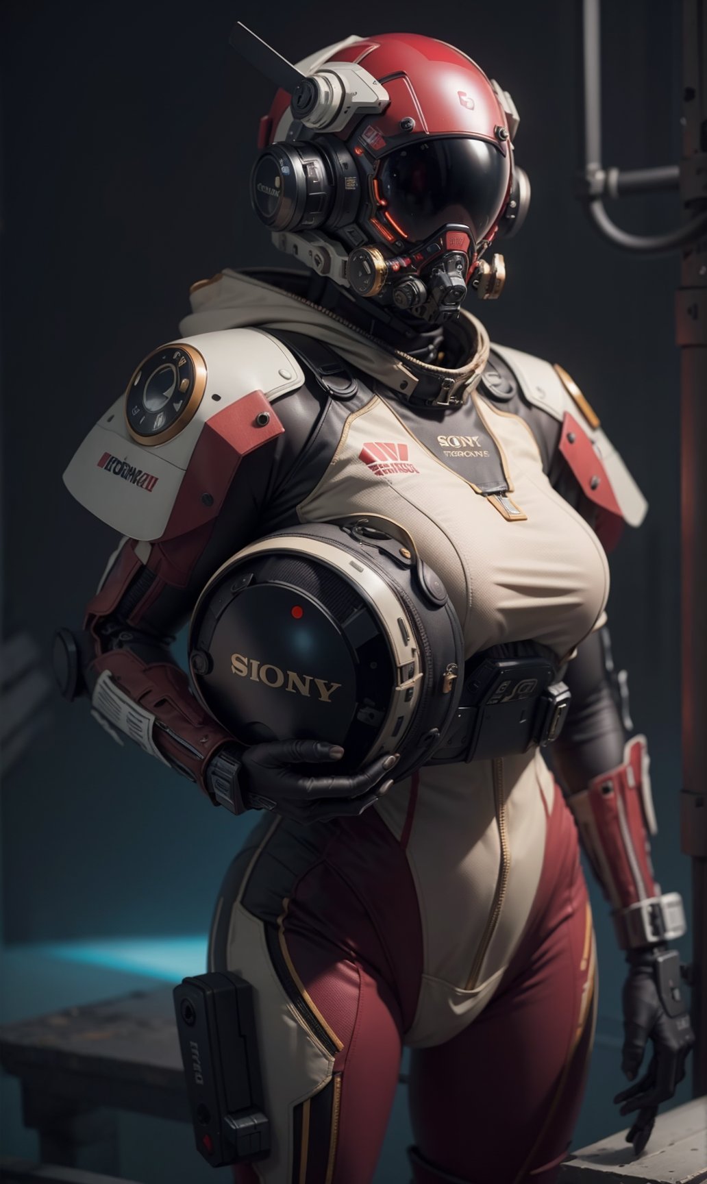 tutu's cyberpunk,cyberhelmet, Highly detailed RAW color Photo, looking at camera, Full Body, of (female space droid, wearing vivid dark red and white space suit, helmet, tined face shield, rebreather, accentuated booty), alien structure, toned body, big butt, (sci-fi), (mountains:1.1), (two moons in sky:0.8), (highly detailed, hyperdetailed), (lens flare:0.7), (bloom:0.7), particle effects, raytracing, cinematic lighting, shallow depth of field, photographed on a Sony a9 II, 50mm wide angle lens, sharp focus, cinematic film still from Gravity 2013,
