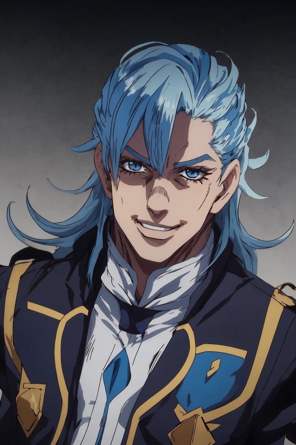 (((Best Quality))),(((Masterpiece))),(((Extremely Detailed))), Mysterious, Vivid Colors, (((Beautiful Face))), Evil Smile, hutaodef, hutaornd, dark background, blue priest uniform