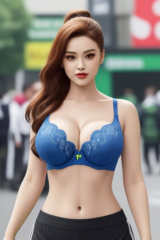 Beautiful lady, showing her breast and hibs to attract people, her breast are strong and very attractive, her chest and shoulder is no nice in shape, her hibs are wide and attractive, she dressed well but all body parts are so attractive.,cartoon ,photorealistic, only 30% of breast is open and 70% is   covered with bra, also focus is on hibs and it should be wider,real