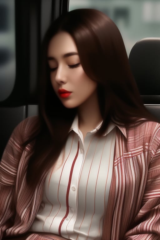 1 beautiful woman, large body, brown hair, maroon lips, short hair, long-sleeved shirt, striped shirt, checked dress pants, asleep on the bus, eyes closed, deep shadow, deep dark, cinematic lighting