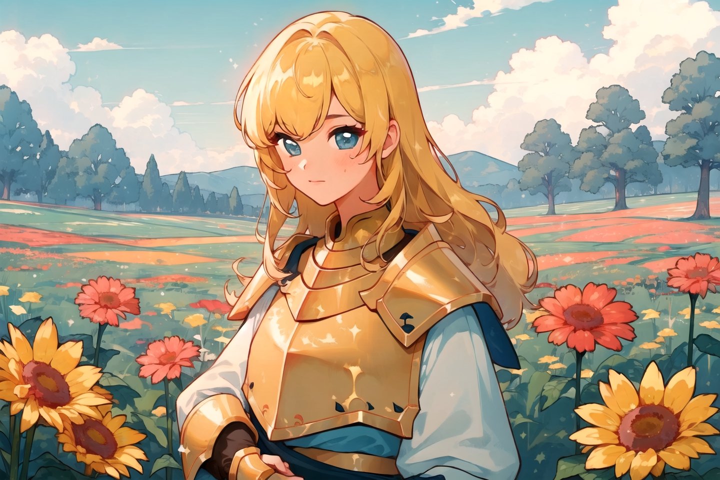 masterpiece, 1girl, upper body, paladin, flower meadow