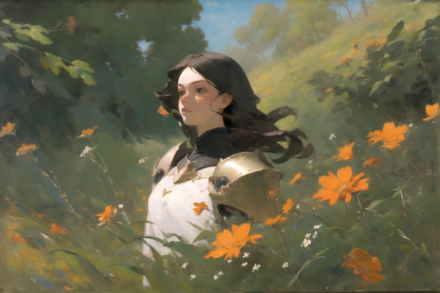 masterpiece, 1girl, upper body, paladin, flower meadow,oil painting