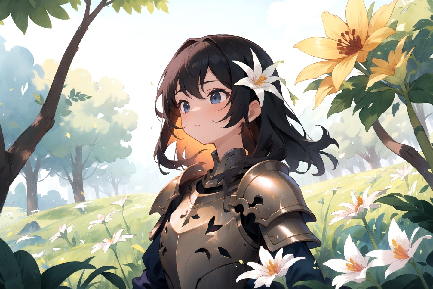 masterpiece, 1girl, upper body, paladin, flower meadow