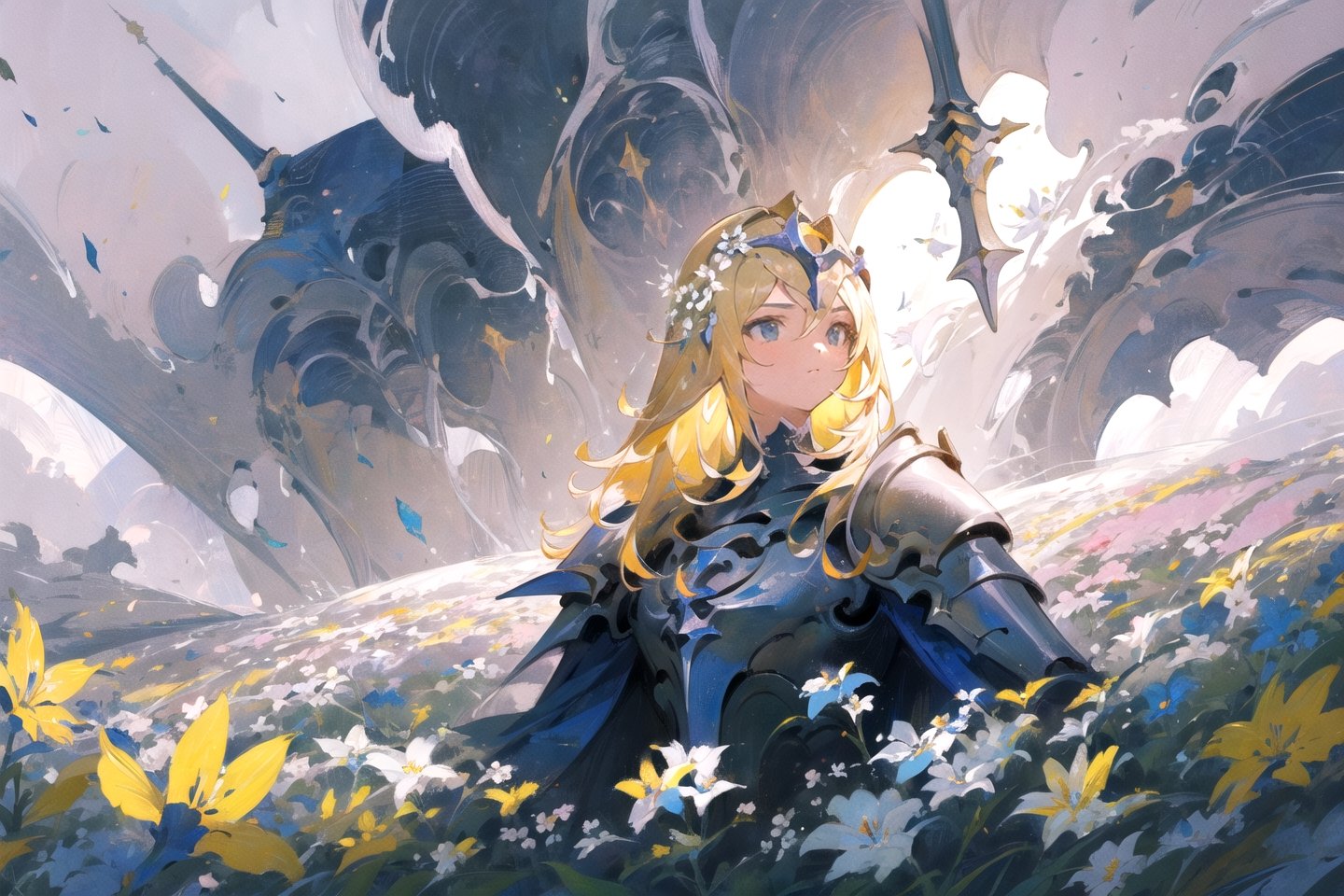 masterpiece, 1girl, upper body, paladin, flower meadow