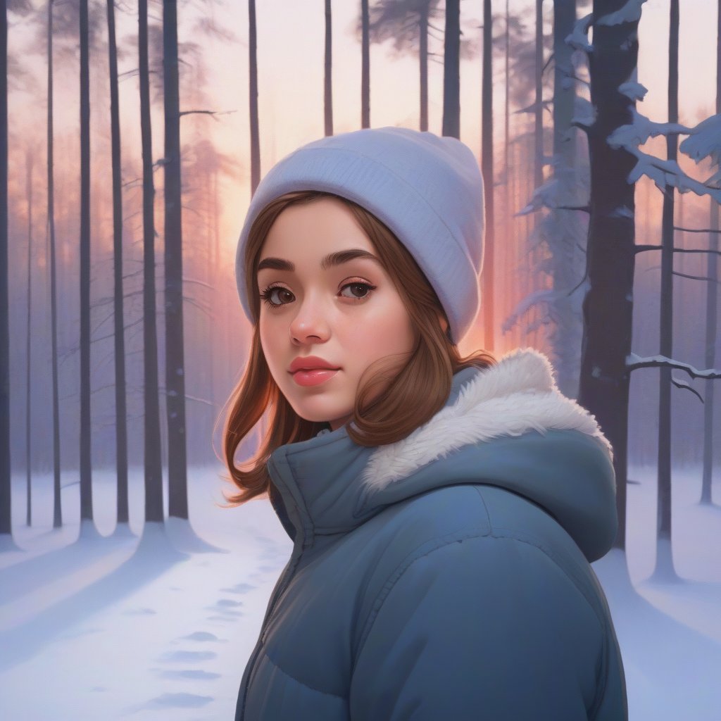 masterpiece, detailed, girl, winter forest, snow, sunset