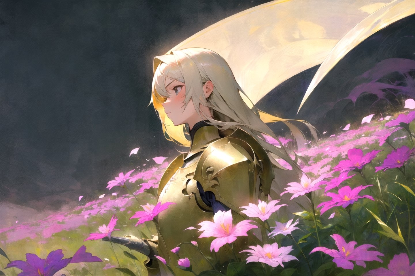 masterpiece, 1girl, upper body, paladin, flower meadow