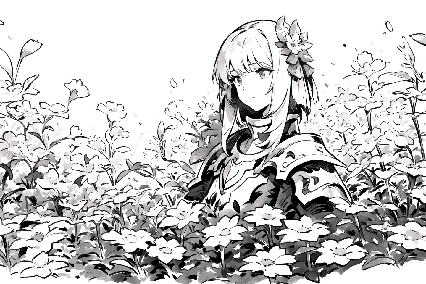 masterpiece, 1girl, upper body, paladin, flower meadow,inksketch