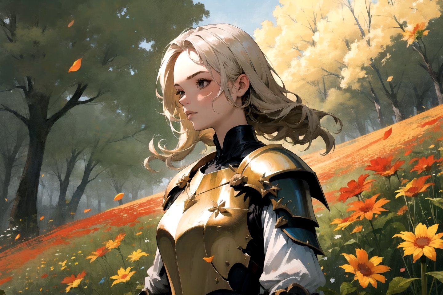 masterpiece, 1girl, upper body, paladin, flower meadow