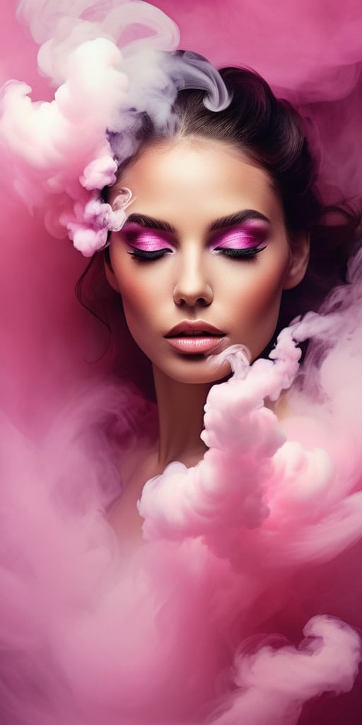 portrait of a woman covered in cloud of smoke, whirlwind, pink highlight colors, pink make-up, hints of pastel, misty, seductive, sultry, breathtaking, oil painting style, artistic, aesthetic modern art, hyper-realism