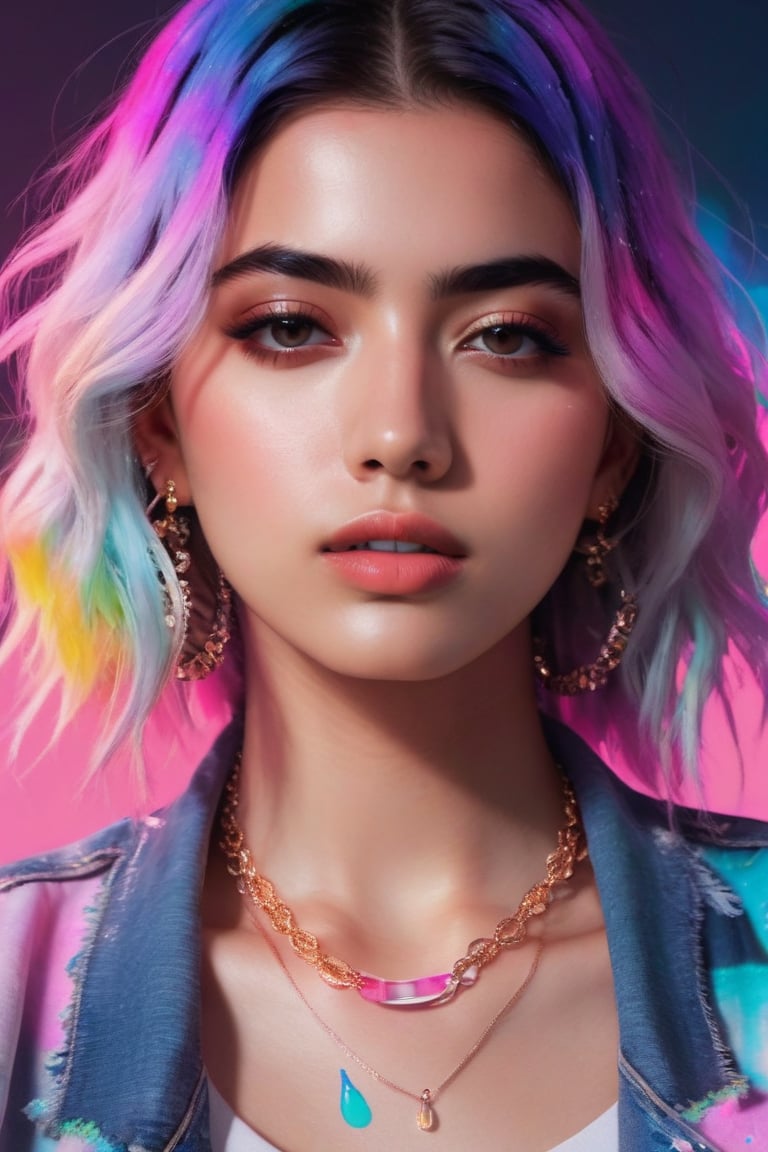 1girl, isometric, shukezouma, octane render, hdr, (hyperdetailed:1.15), (soft light, sharp:1.2), aesthetic, (Argentinian |Cuban |Colombian |Mexican) 20 years old woman, (detailed facial features), gorgeous face, grunge style, standing in her messy bedroom, pale skin, wearing eyeliner, grainy, pastel goth, scene hair, (emo girl), teased hair, wearing bracelets, wearing choker necklace, ((detailed face)), selfie, rainbow painting drops, paint teardrops, girl made up from paint, entirely paint, splat, splash, paint bulb, paint drops, broad light, backlighting, bloom, light sparkles, chromatic aberration, (bubblegum Vaporwave aesthetic),Rashmikasdxl