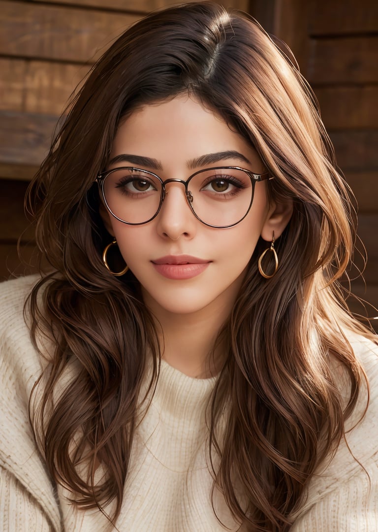A photo of emb-babs, as a beautiful woman in a thick sweater, wearing stylish glasses, in a ski cabin, (looking at the camera), photoshoot style, seductive expression, 8k HD, RAW, dslr, perfect features, flawless skin, skin pores, professional, masterpiece, (photorealistic:1.4), detailed, intricate, high resolution, detailed background, fcDetailPortrait,  epiCRealism, OverallDetail.,4li4