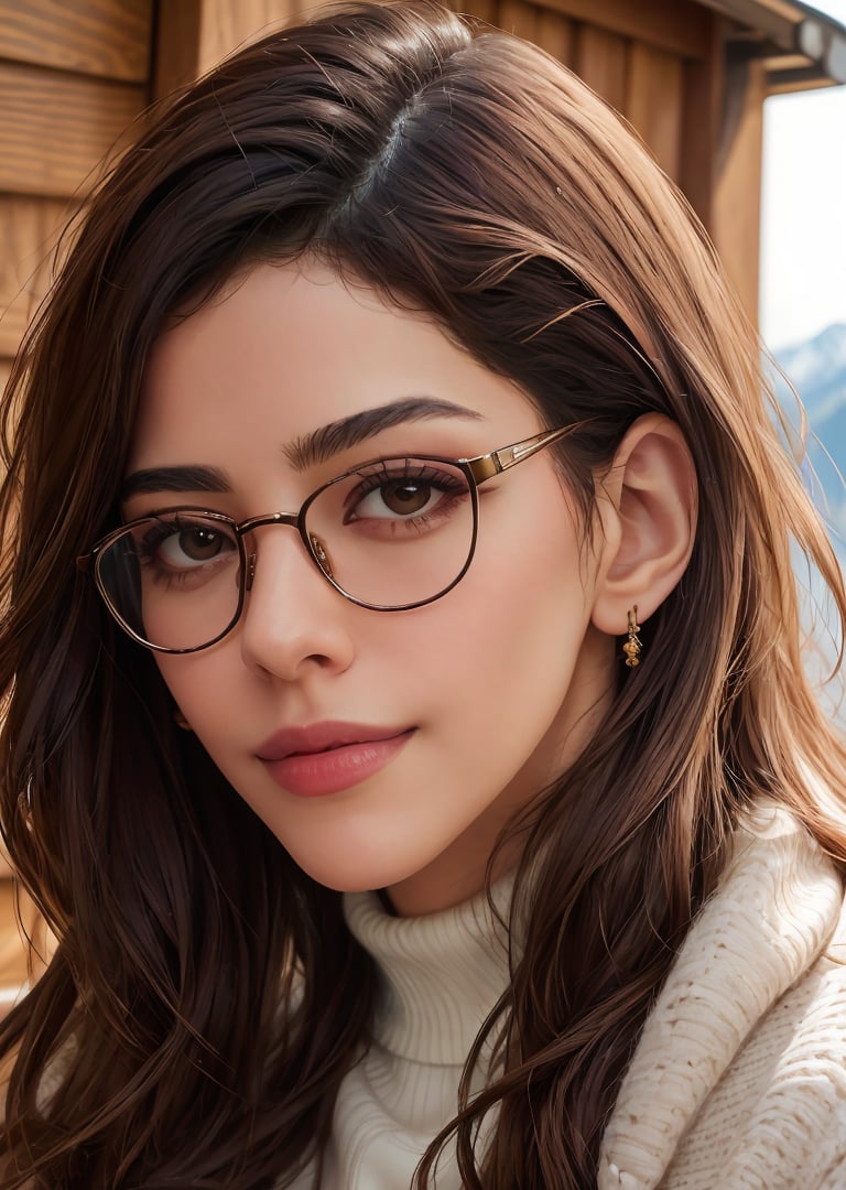 A photo of emb-babs, as a beautiful woman in a thick sweater, wearing stylish glasses, in a ski cabin, (looking at the camera), photoshoot style, seductive expression, 8k HD, RAW, dslr, perfect features, flawless skin, skin pores, professional, masterpiece, (photorealistic:1.4), detailed, intricate, high resolution, detailed background, fcDetailPortrait,  epiCRealism, OverallDetail.,4li4