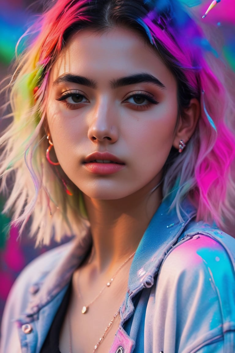 1girl, isometric, shukezouma, octane render, hdr, (hyperdetailed:1.15), (soft light, sharp:1.2), aesthetic, (Argentinian |Cuban |Colombian |Mexican) 20 years old woman, (detailed facial features), gorgeous face, grunge style, standing in her messy bedroom, pale skin, wearing eyeliner, grainy, pastel goth, scene hair, (emo girl), teased hair, wearing bracelets, wearing choker necklace, ((detailed face)), selfie, rainbow painting drops, paint teardrops, girl made up from paint, entirely paint, splat, splash, paint bulb, paint drops, broad light, backlighting, bloom, light sparkles, chromatic aberration, (bubblegum Vaporwave aesthetic),Rashmikasdxl