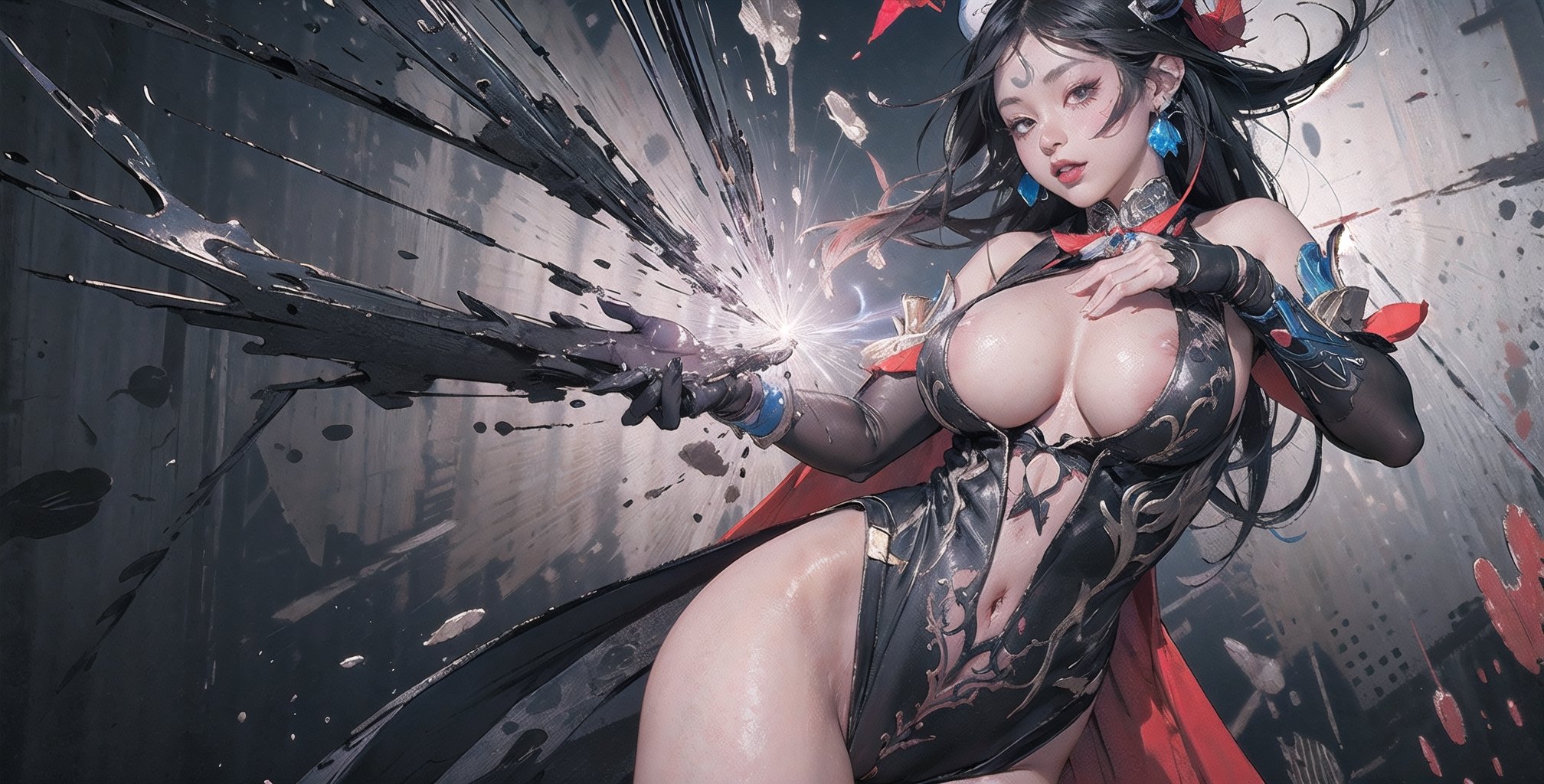 arlecchino(genshin impact), Abstrack background splash art, huge breasts, realistic photography, red black ombre hair, sm4c3w3k, pussy, open_pussy