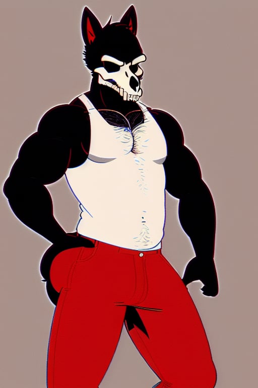 red_and_black_wolf, black_eyes, demon,semi-muscular , solo, red_fur, red_pants, sexy_man , belvor, sleeveless_shirt_white, skull, wolf_tail, big_ass, hairy_cheeks, sexy_pose, white_shirt