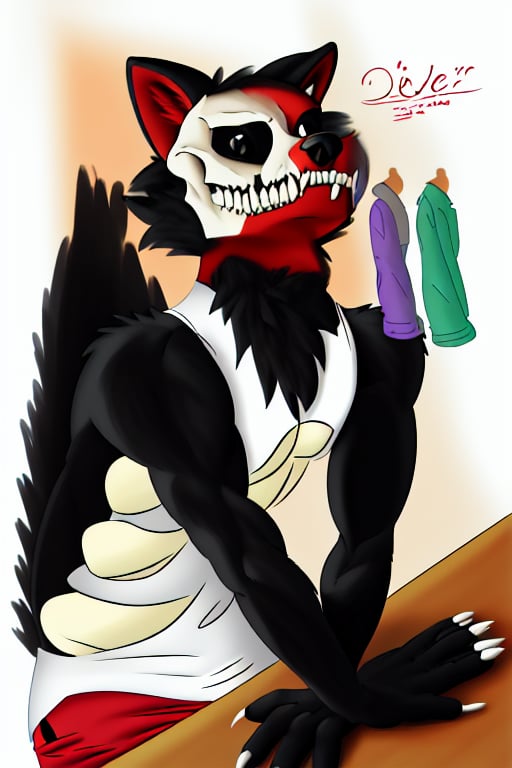 red_and_black_wolf, black_eyes, demon,semi-muscular , solo, red_fur, pants, sexy_man , belvor, sleeveless_shirt_white, skull, wolf_tail, hairy_cheeks, ribs, white_shirt, table, fangs, claws, ribcage, skinny, sexy