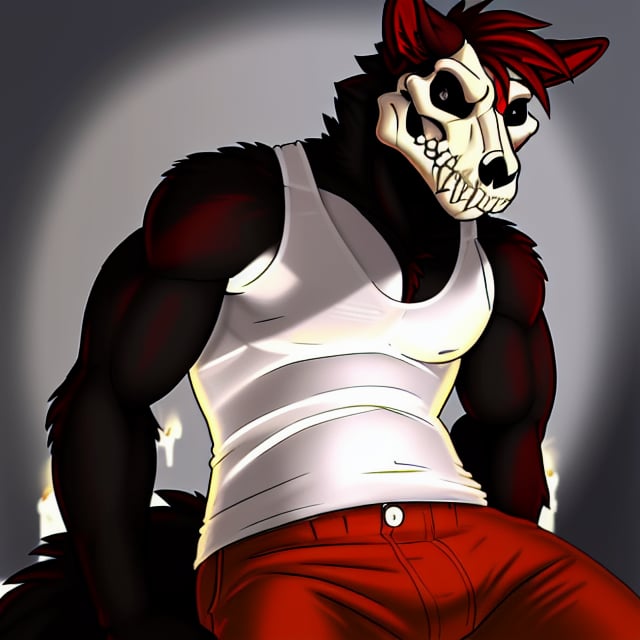 red_and_black_wolf, black_eyes, demon, semi-muscular ,solo ,red_fur, pants, sexy_man , belvor, sleeveless_shirt_white, skull, wolf_tail, hairy_cheeks, sexy_pose, ribs, white_shirt, 