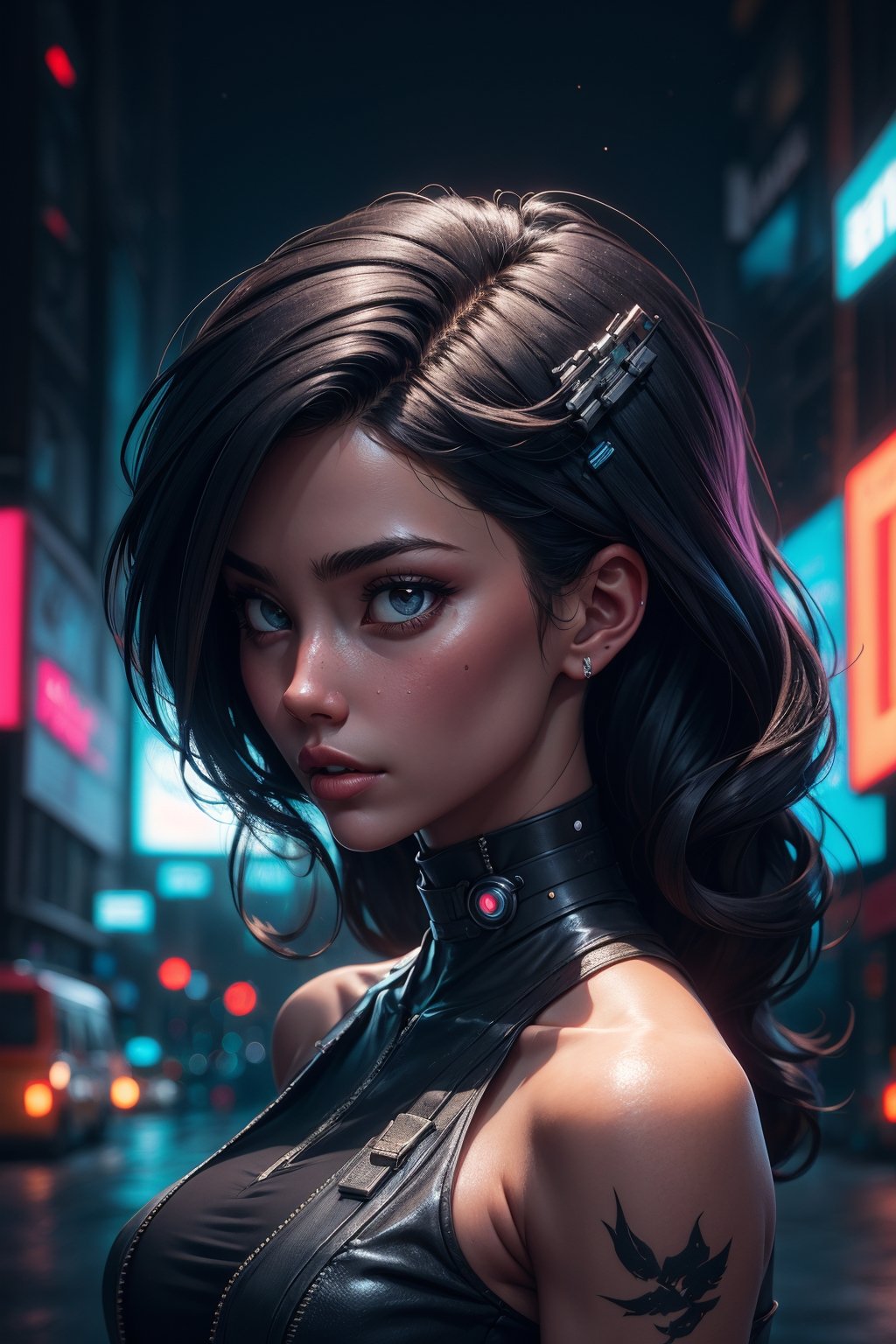girl 20 years old,party background, unsaturated background, bokeh,dark theme,calm, tones, muted colors, high contrast,(adjusting hair),(natural skin texture, hyperrealism, soft light, sharpness), art photo shoot,Epic Art,high detail, exposed shoulders,bare shoulders,urban techwear, Cyberpunk World, cyberpunk city,neonnightKA,orcaeffectKA