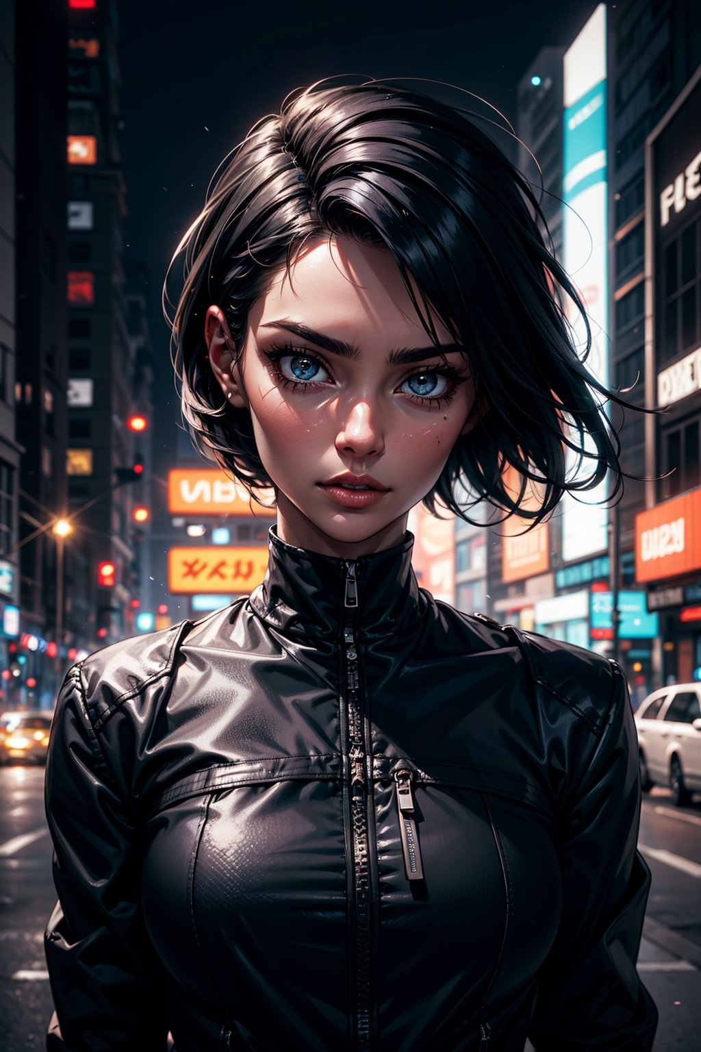 girl 20 years old, big eyes, eyelashes, detailed face, short hair, black hair, asymmetric_bangs, asymmetrical_face, dark theme,calm, tones, muted colors, high contrast, ((pink/red skin:0.5)),(adjusting hair),(natural skin texture, hyperrealism, soft light, billboards, City streets, sharpness), neonnightKA, orcaeffectKA, Add more detail