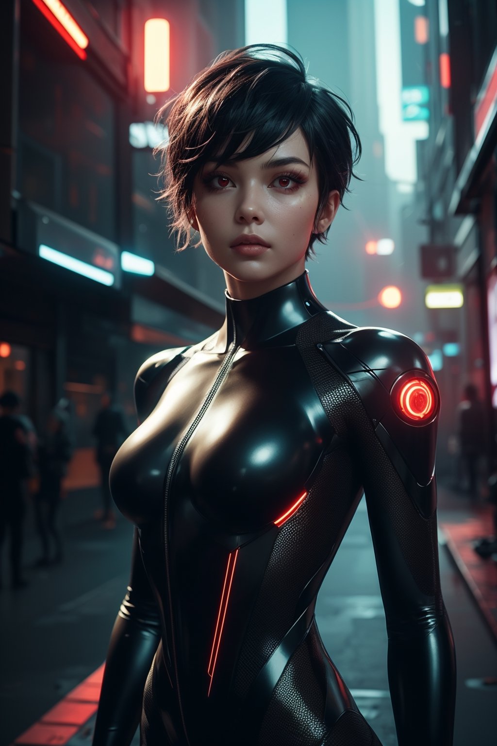 masterpiece, red eyes, light (red light:1.3), 1girl, beautiful face, skindentation, detailed black hair, pixie hair, glowing light, futuristic, cyberpunk bodysuit, upper body, skinny waist, large hip, futuristic city, ultra realistic,